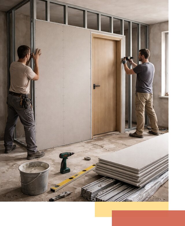 Перегородка из гипсокартона с дверью под ключ в Курганинске