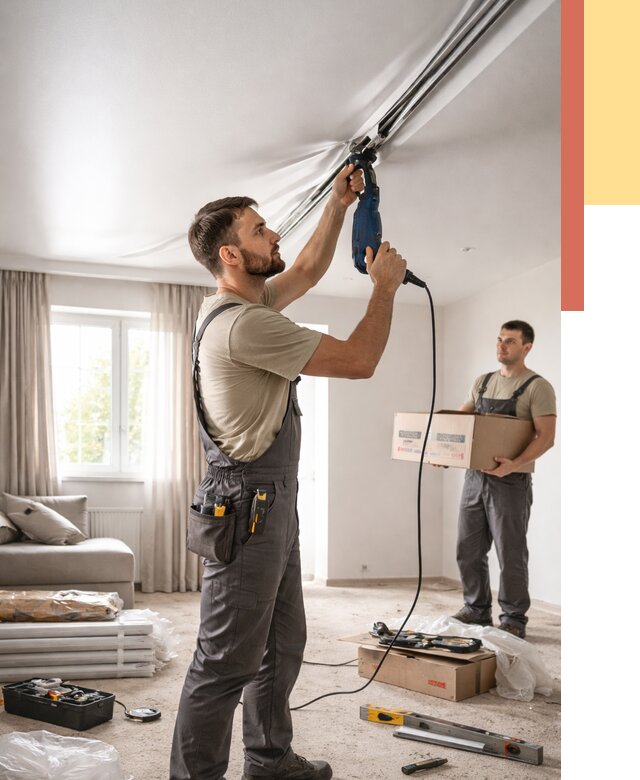 Монтаж сатинового натяжного потолка в Курганинске от 3640 руб. | Быстро, недорого — ОТДЕЛОЧНИК-Кгн