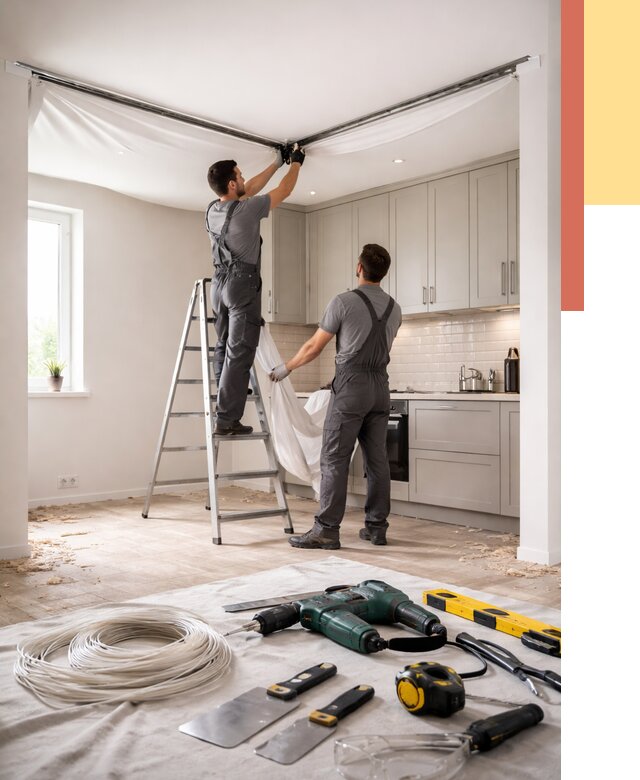 Установка натяжного потолка на кухне в Курганинске от 2496 руб. | ОТДЕЛОЧНИК-Кгн