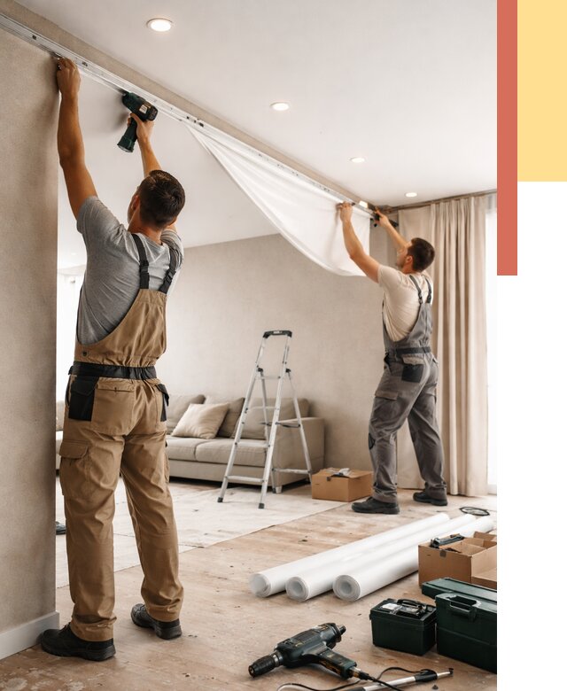 Монтаж натяжного потолка в гостиной в Курганинске от 572 руб. | ОТДЕЛОЧНИК-Кгн