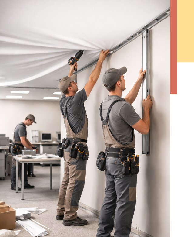 Монтаж натяжного потолка в офисе в Курганинске от 468 руб/м² — быстро и недорого | ОТДЕЛОЧНИК-Кгн