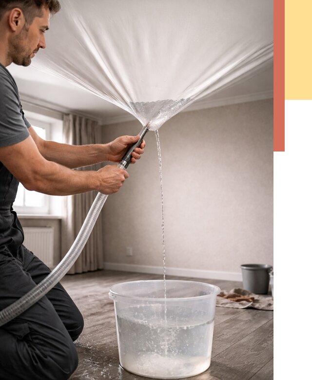 Слив воды с натяжного потолка в Курганинске от 2600 руб. быстро и недорого | ОТДЕЛОЧНИК-Кгн